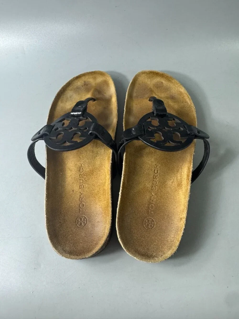 Tory Burch Miller Cloud Patent Cork Black Thong Sandals, Size 8